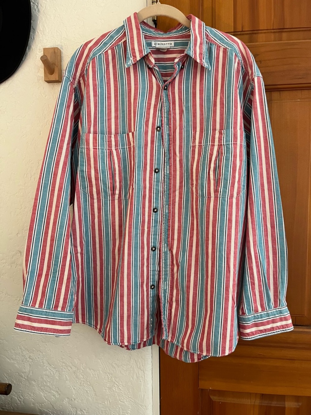 Vintage Claiborne Striped Button-Up Shirt in Faded Red, White & Blue